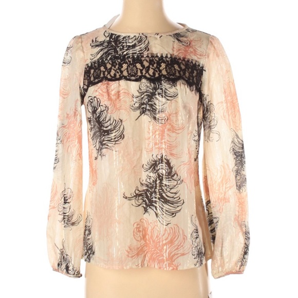 Trina Turk Tops - Trina Turk Cream Black Lace Silk Feathers Top 0
